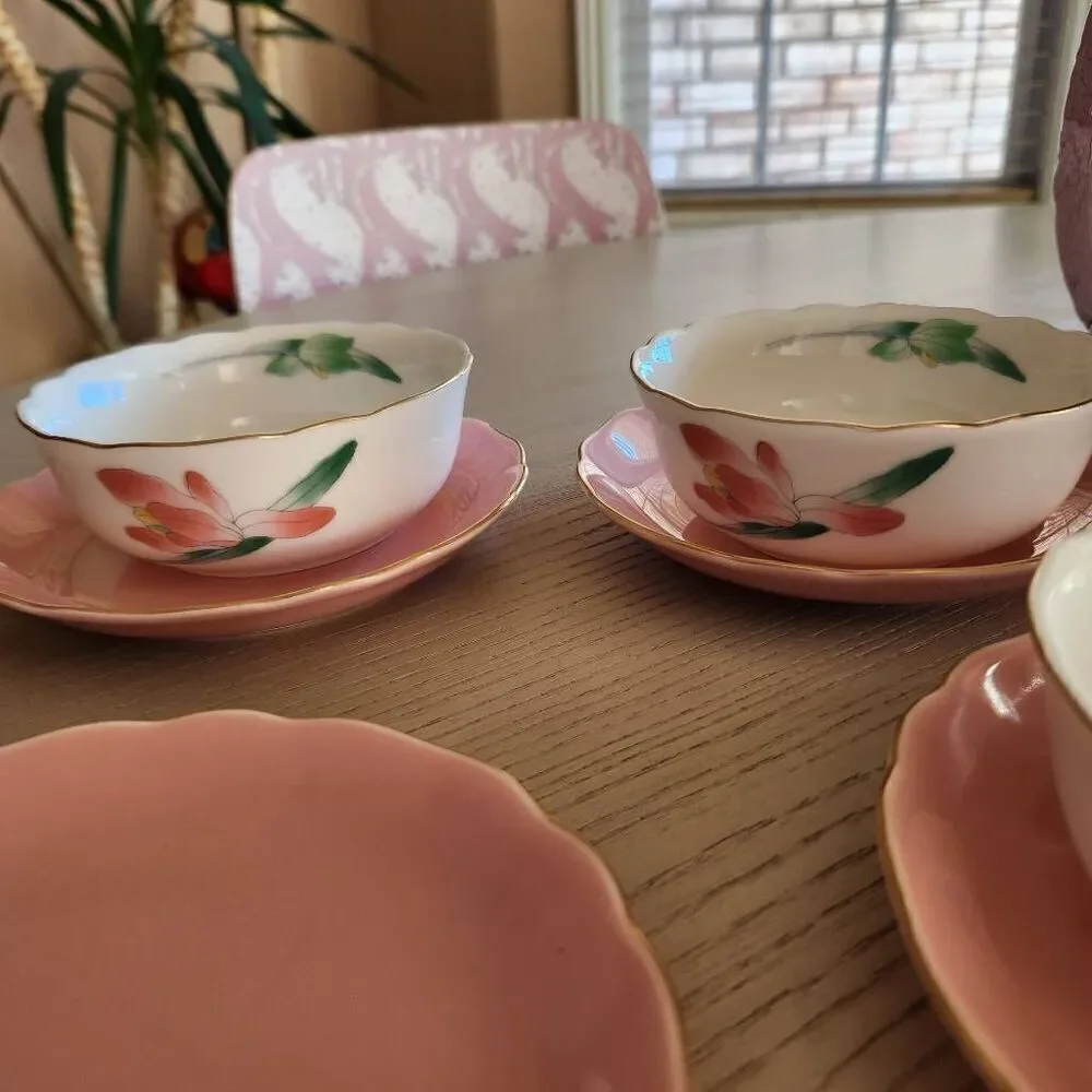 Vintage Japanese Arita ware dessert custard cups pastel cream pink floral set of